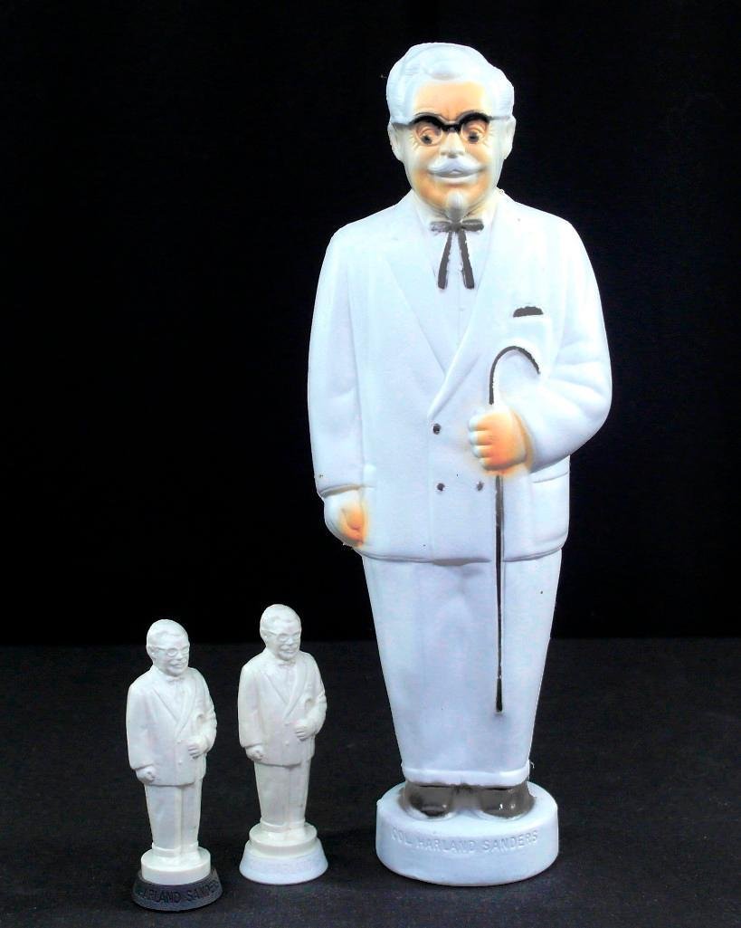 Colonel Sanders Bank and Salt/Pepper Shakers: The bank is a hard vinyl figure of Colonel Harland Sanders, founder of Kentucky Fried Chicken. The bank is approximately 12-1/2 inches tall x 5 inches across the chest. He is wearing his trademark whi