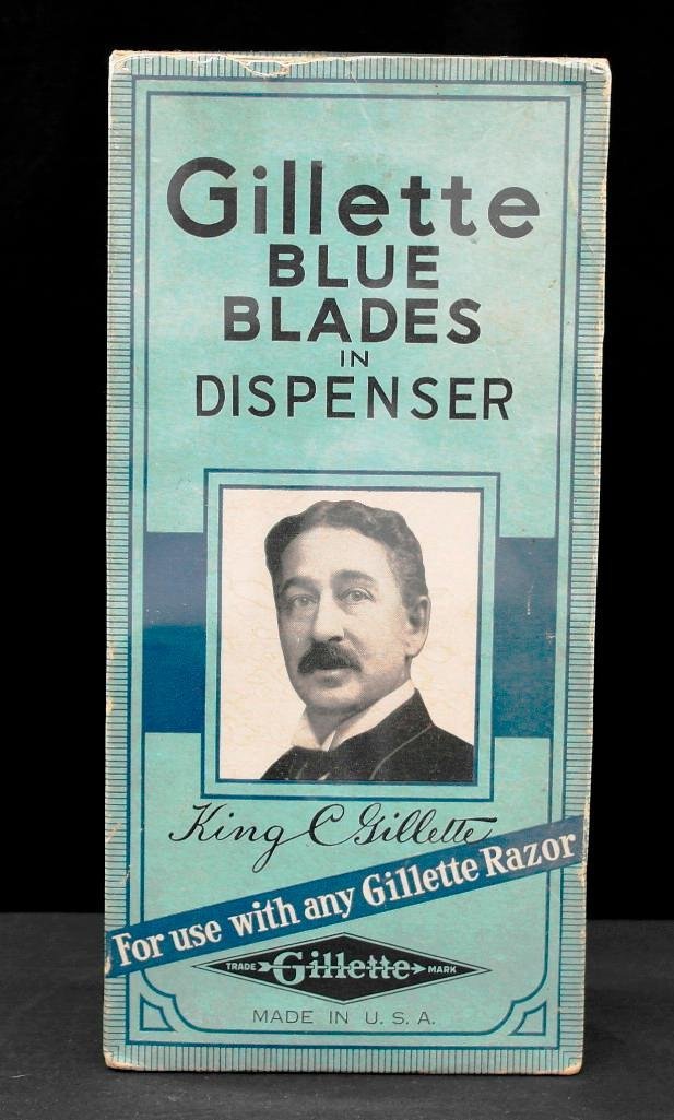 Gillette Razor Blades Store Display Box: This box was used as a drug store display to attract customers to the new Gillette Blue Blade Razor Blades. It is approximately 6 inches wide x 12 inches tall x 4 inches deep with graphics on all four