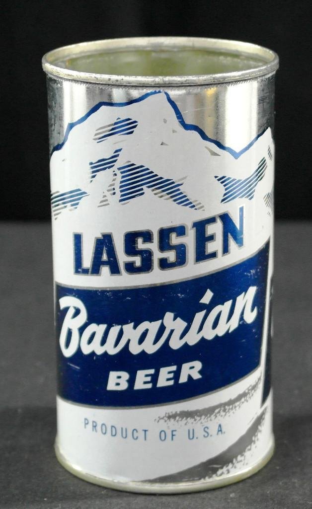 Lassen Bavarian Beer Flat-Top Can from California: Offered is a 12-ounce flat-top Lassen Bavarian beer can from Grace Bros. Brewing Company of Santa Rosa, California. The can is circa 1960 and has a bright crisp metallic label with strong colors and s