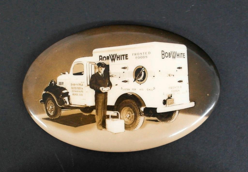 Oval Pocket Mirror: Here is a super 1939 advertising pocket mirror featuring Bob White Frosted Foods. The mirror has a picture of a delivery truck, which probably brought the food to your home, and a delivery man with th