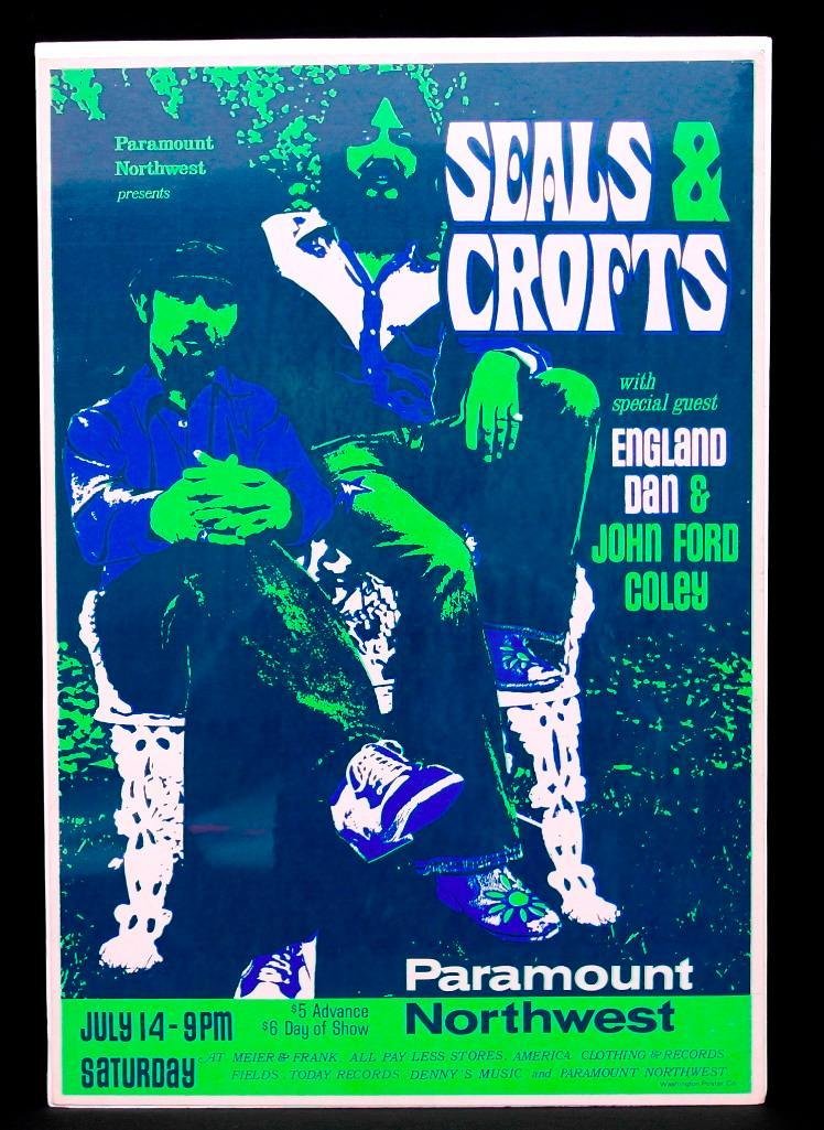 1973 Seals & Crofts Concert Poster from Portland,: This poster is for a concert held in Portland, Oregon at Paramount Northwest on Saturday, July 14,1973. The performers were Seals & Crofts with special guest England Dan & John Ford Coley. Washington