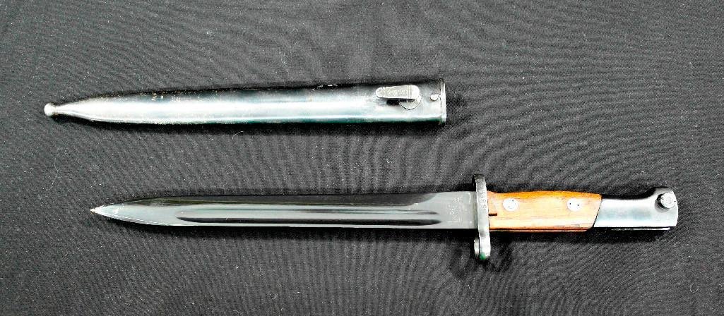 Mauser Yugo 44 Bayonet: This lot is for an M1948 Mauser Yugo 44 bayonet and scabbard. It is from Yugoslavia and is in excellent, near mint condition. The bayonet is approximately 14-7/8 inches in length with the original dar