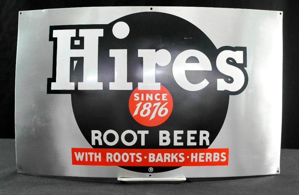 Hires Root Beer Barrel Sign: This aluminum curved sign was attached to a barrel that dispensed Hires Root Beer. It is approximately 15 inches x 9 inches and is in very good condition. If your dispenser is missing a sign - here it