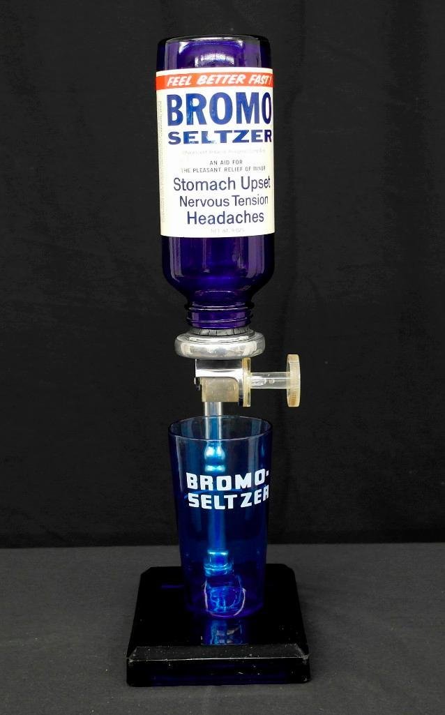 Bromo Seltzer Dispenser: This three-piece Bromo Seltzer dispenser is one of the early dispensers, as it has a cobalt blue glass bottom. This type of dispenser was used in drug stores and soda fountains for many years. One wou