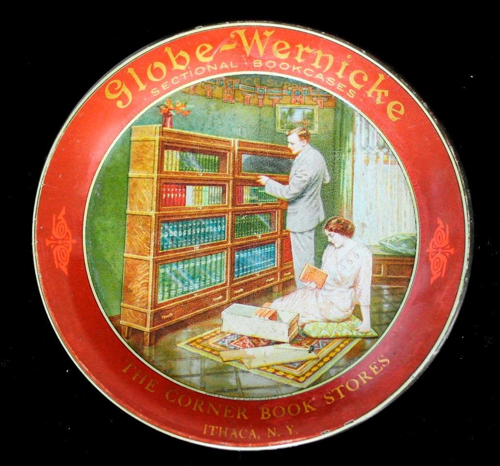 Globe-Warnicke Tip Tray: This 4-1/4 inch tin litho tip tray was made by the Chas. W. Shonk Company of Chicago, Illinois for Globe-Wernicke. This tip tray was given away by the Corner Book Stores in Ithaca, New York. All the t