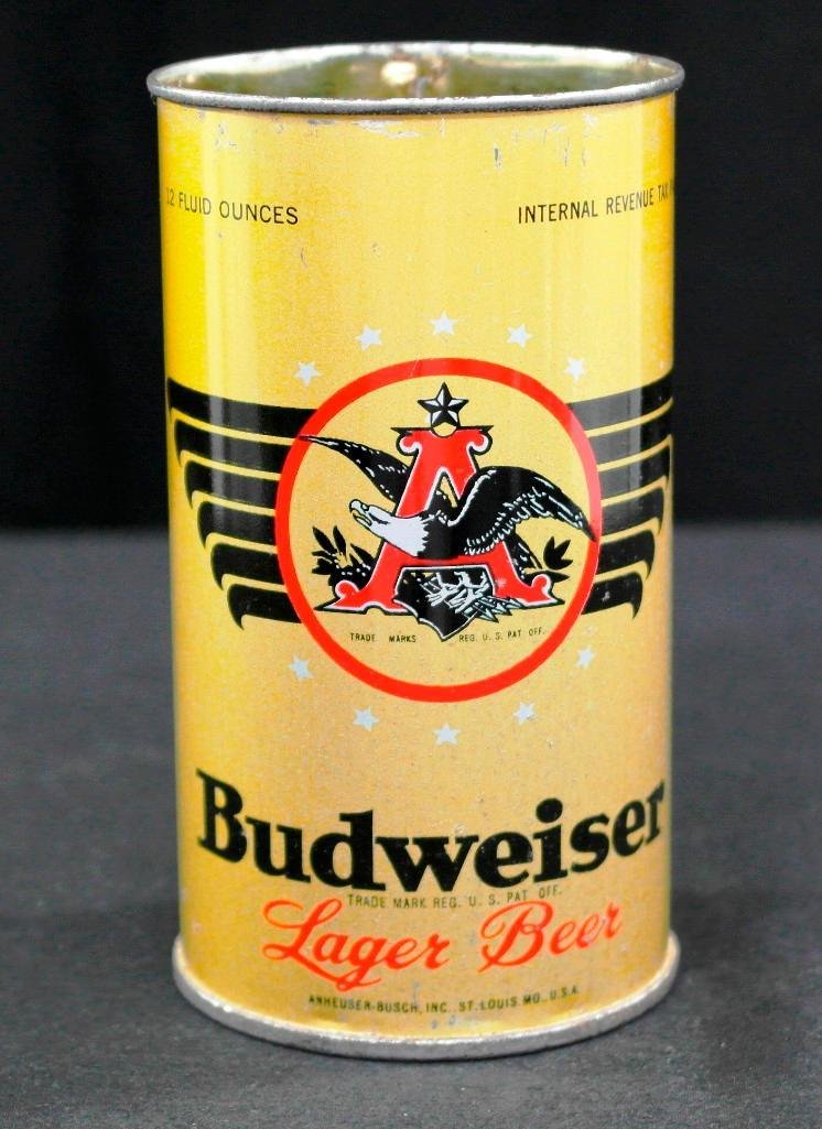 Budweiser Lager Flat-Top Opening-Instruction Beer Can: This is an IRTP opening-instruction Budweiser Lager beer can. The can is a 12-ounce flat-top can from Anheuser-Busch, Inc. of Saint Louis, Missouri. The can is actually meant to be used as a drinking 