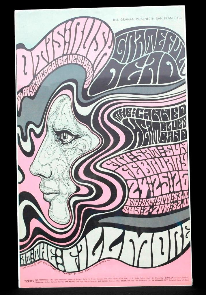Grateful Dead and Canned Heat Blues Band Poster: This stunning Grateful Dead poster is a real eye catcher. The pink, off white, green/blue, and black with gray-blue colors really make this poster one of a kind. The speckling in the face adds charact