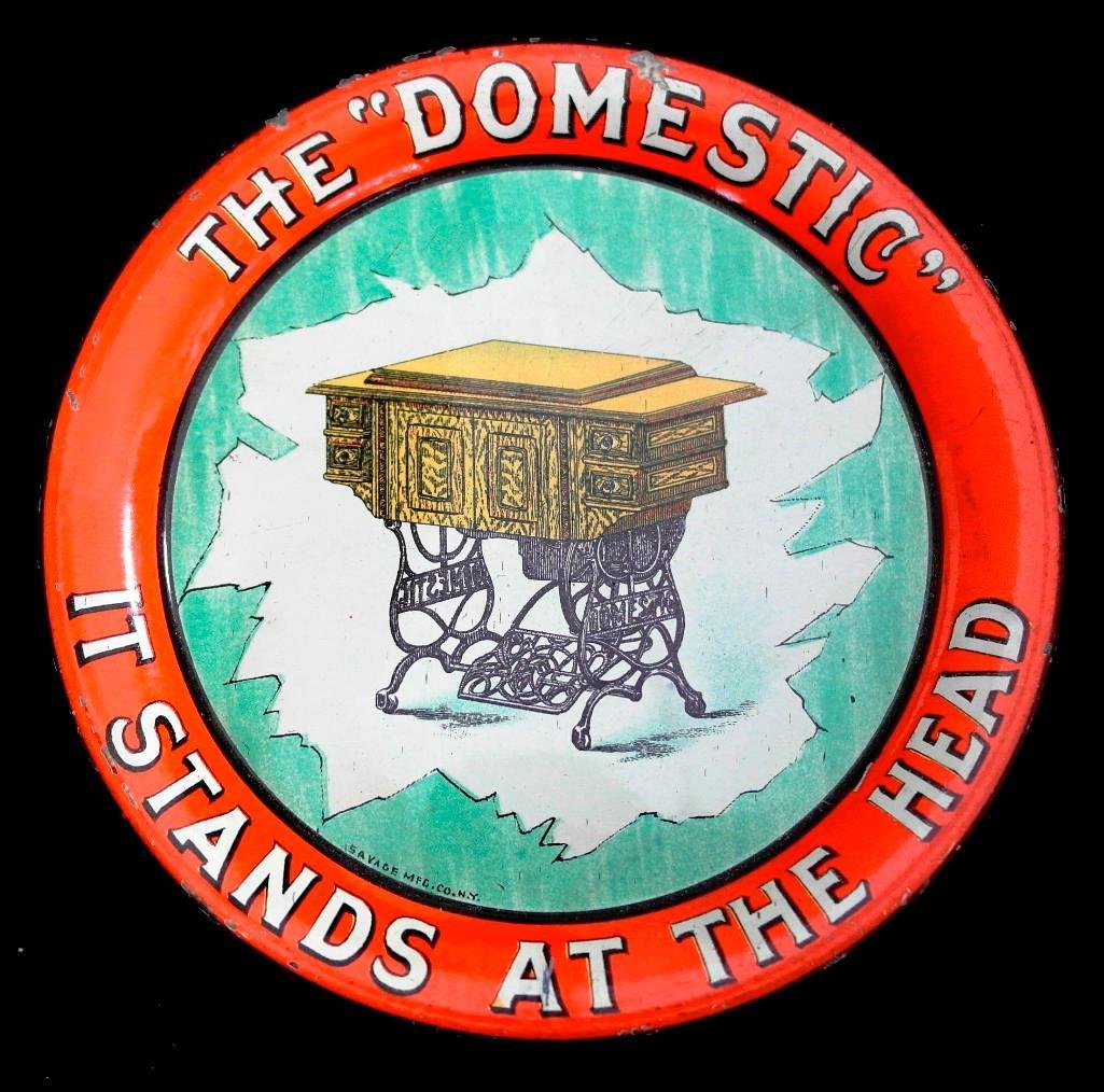 Domestic Tip Tray: Savage Manufacturing Company in New York produced this tip tray for the Domestic Sewing Machine Company. It is approximately 4-1/4 inches in diameter and in very good condition. The only blemish that 