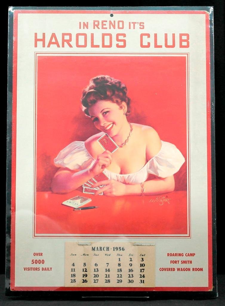 Zoe Mozert 1956 Pin-Up Calendar: This is a 1956 calendar from Harolds Club in Reno, Nevada. Zoe Mozert was the artist, and the calendar illustrates a woman playing cards. The pad is missing January and February, but the rest of the p