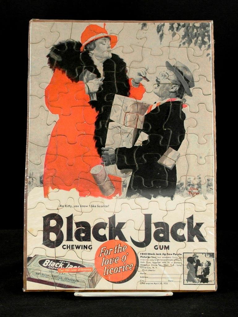 Black Jack Chewing Gum Advertising Jigsaw Puzzle: This puzzle was a promotional give away in 1933.In exchange for two 5 cent gum wrappers and 3 cents in stamps,you would receive this puzzle. The artwork was done by Alan Foster, a famous illustrator w