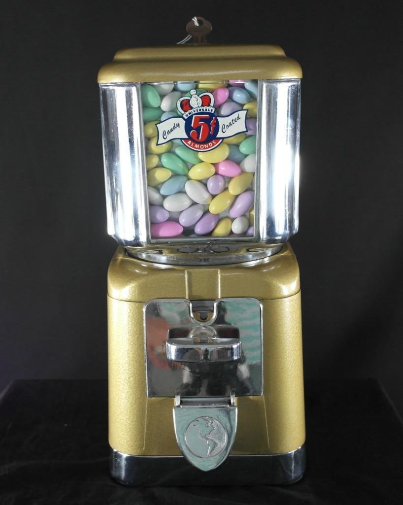 5 Cent Gum or Candy Vending by Universal Vendor in MO: This is an original, never used, 5 cent vending machine right out of the original shipping box. We have never seen a machine this clean before. The machine is identical to the machines made by Oak Man