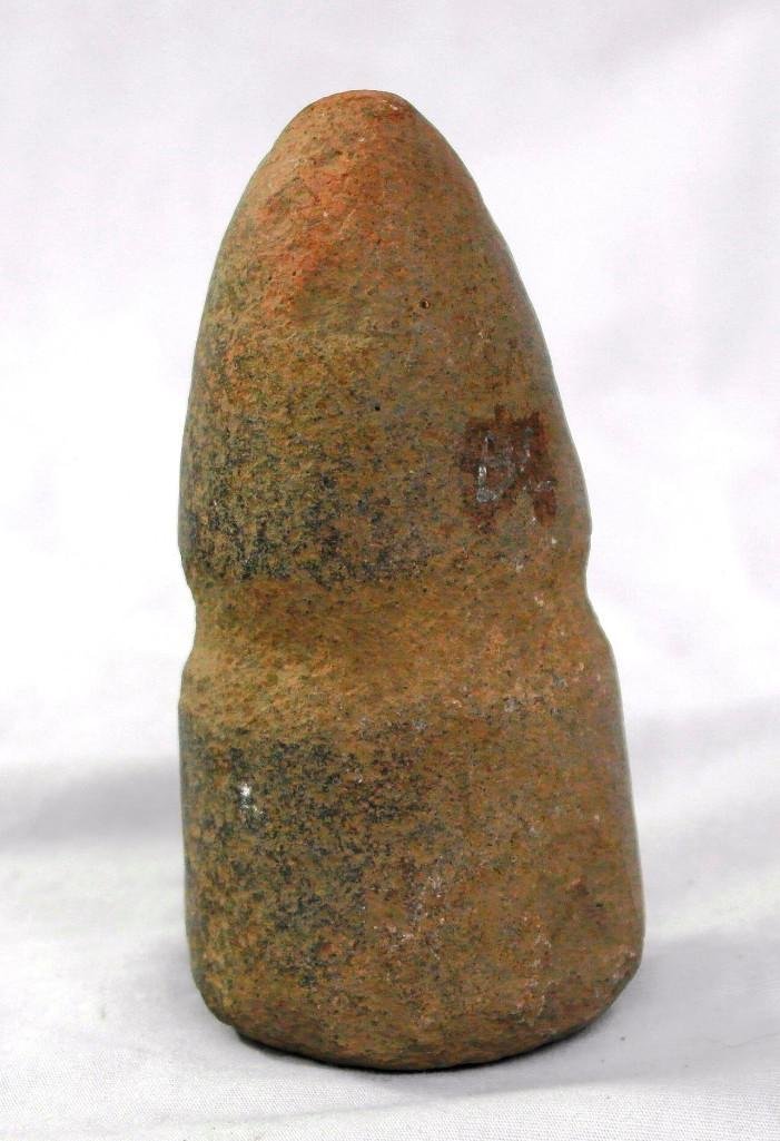 Grooved Stone Pestle Columbia River Basin: Offered is stone pestle or maul. This was found by Lloyd McLeod and is 5-3/8" long x 2-1/2" at the base x 2" at the top and weighs 2 pounds 15 ounces. It is exactly as found and does have some chips t