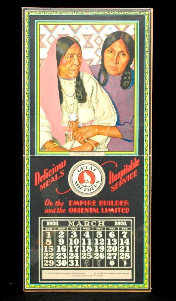 Great Northern Railway March 1931 Calendar Page: This lot is for the March 1931 page of a Great Northern Railways calendar. Thispicture by Winold Reiss is a portrait of Double Steel and Two Cutter of the Blackfeet Indians of the Glacier National Par