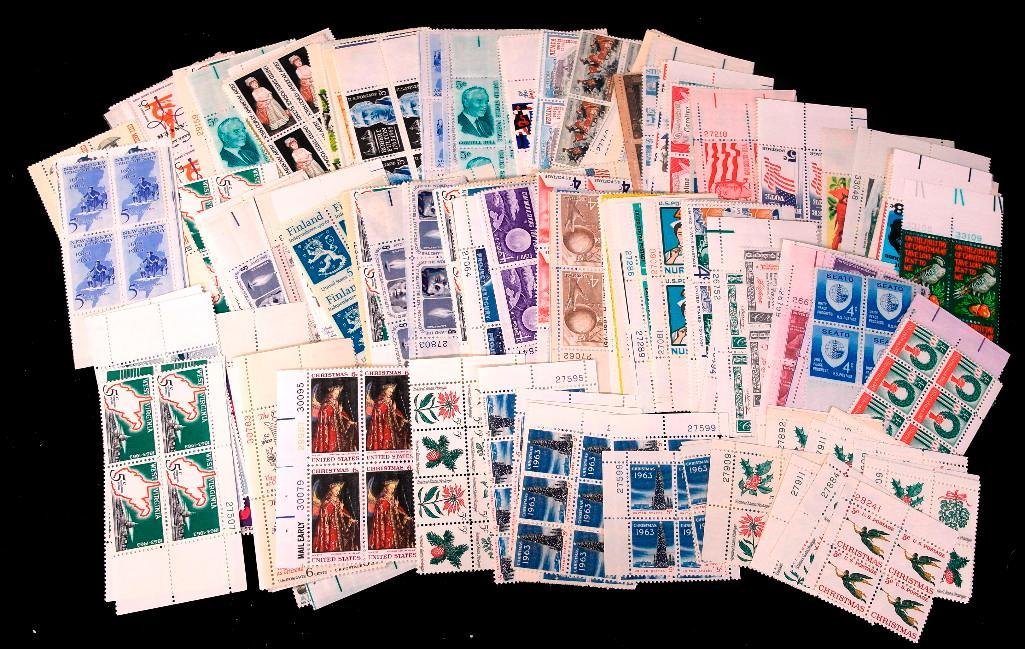 U.S. Postage Stamp Plate Block Lot ('30s to '70s): Offered today is a large lot of 188 unused United States postage stamp plate blocks. These are all 8 cent or smaller denominations and date from the 1930s through the 1970s. These stamps are a random 