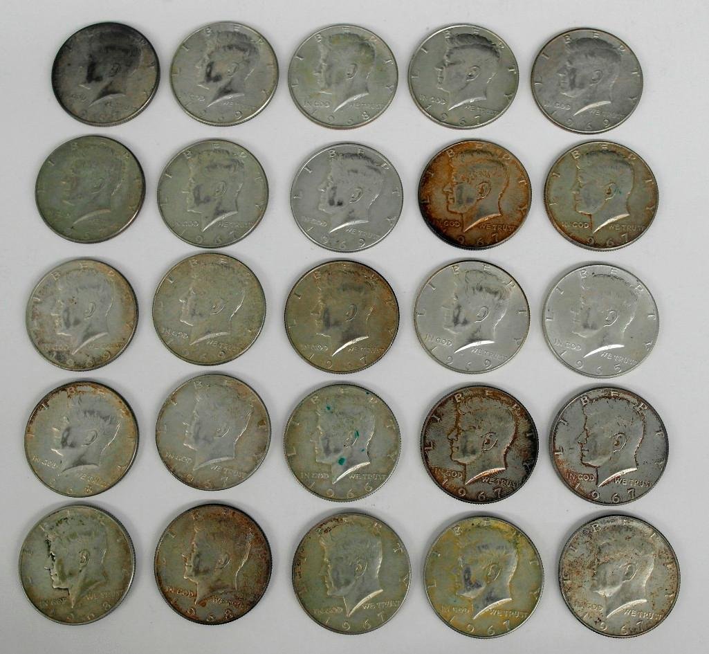 Silver Kennedy Half Dollar Lot: This lot is for twenty-five (25) 40% silver Kennedy United States half dollars. These are all dated from 1965 to 1969 and have been circulated. In 1965 the United States stopped production of the 90% 
