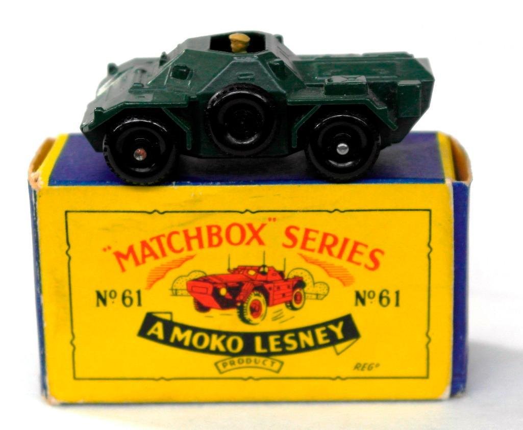 Matchbox #61 Ferret Scout Car with Box: This auction is for a vintage Lesney Matchbox Series No. 61 Ferret Scout Car with the original box. The box states,"Matchbox Series No 46 - A Moko Lesney Product, 61 Army Scout Car." The bottom of the