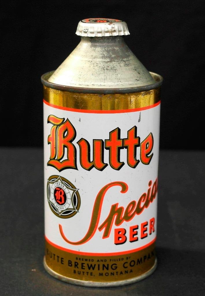 Butte Special Cone-Top Beer Can from Montana: Offered is a cone-top beer can for Butte Special Beer from Butte Brewing Company of Butte, Montana. This is a 12-ounce high-profile can complete with its original cap. It looks to be an indoor can as 