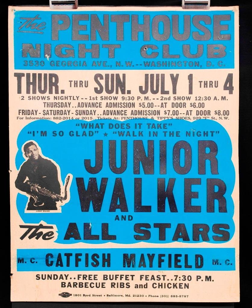 Junior Walker Original Boxing Style Poster: Offered is an original boxing style poster for Junior Walker and The All Stars with Catfish Mayfield as the M.C. This was for a four day run at the Penthouse Night Club in Washington D.C. on July 1-4 