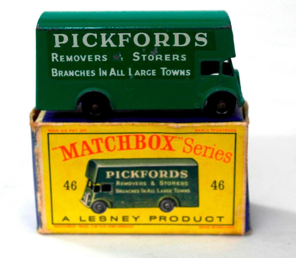 Matchbox #46 Pickfords Removal Van w/Original Box: This auction is for a vintage Lesney Matchbox Series No. 46 Pickfords Removal Van with the original box. The box states, "Matchbox Series No 46 - A Lesney Product 46 Pickfords Removal Van." The bottom