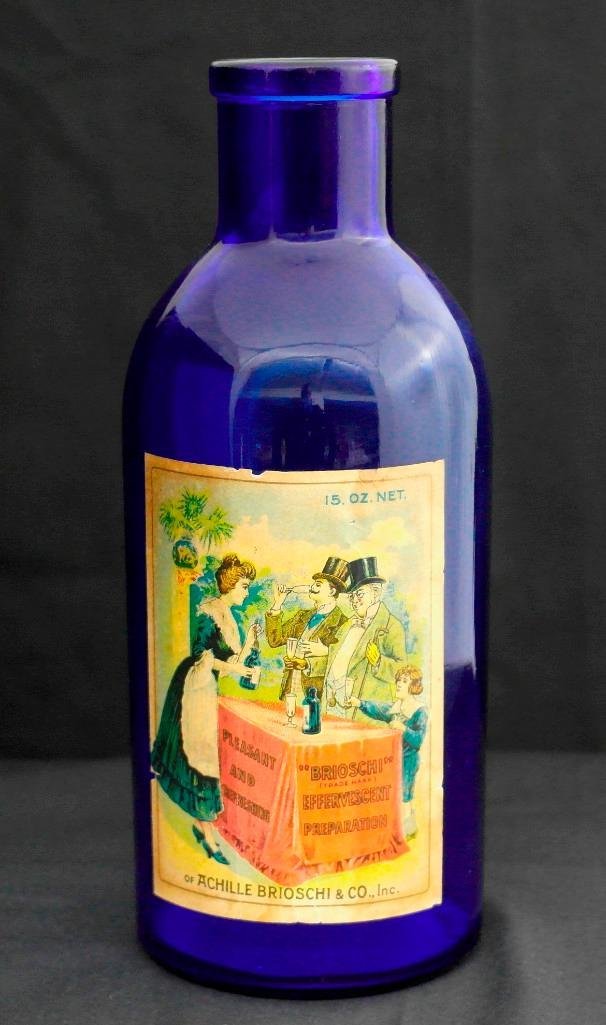 Brioschi Effervescent Preparation Cobalt Blue Jar: This beautiful cobalt blue jar has the original paper label for Brioschi Effervescent Preparation, which was drunk to relieve the ache of heartburn. This 15-ounce bottle measures approximately 9" tall