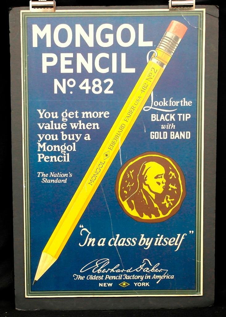 Mongol Pencil Sign: Offered is an old advertising sign for Mongol Pencil No. 482. This sign was found in the basement of a stationary store in Idaho several years after the store had closed and then was in our consignors