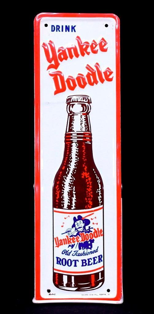 Yankee Doodle Embossed-Tin Door Push: This door push for Yankee Doodle Root Beer is very patriotic with red, white, and blue colors. This embossed-tin door push measures approximately 3-1/2" wide x 11-3/4" tall and is in excellent conditi