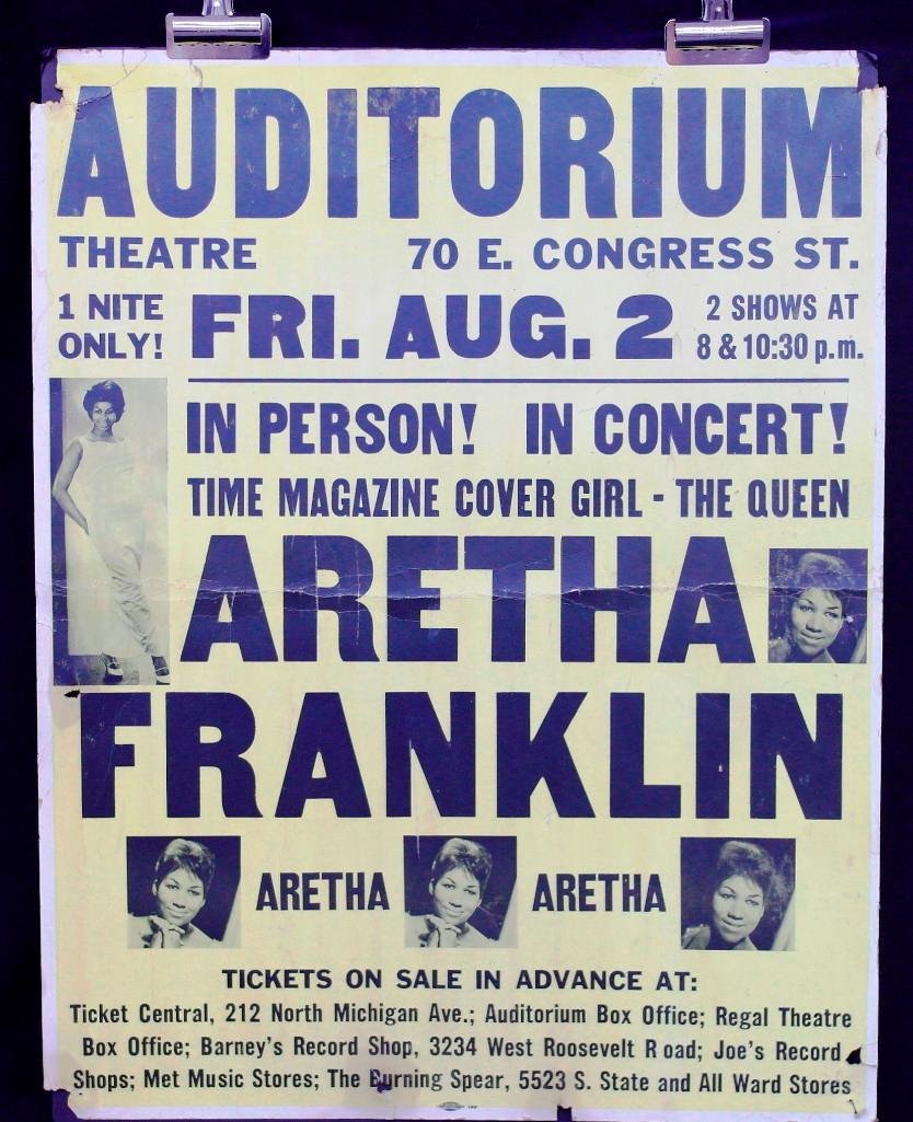 Aretha Franklin 1968 Concert Poster Chicago: Here is an original boxing style poster for Aretha Franklin. This was for a one nite performance at Chicago's Auditorium Theatre on August 2, 1968. This was the same year she was on the cover of Time 
