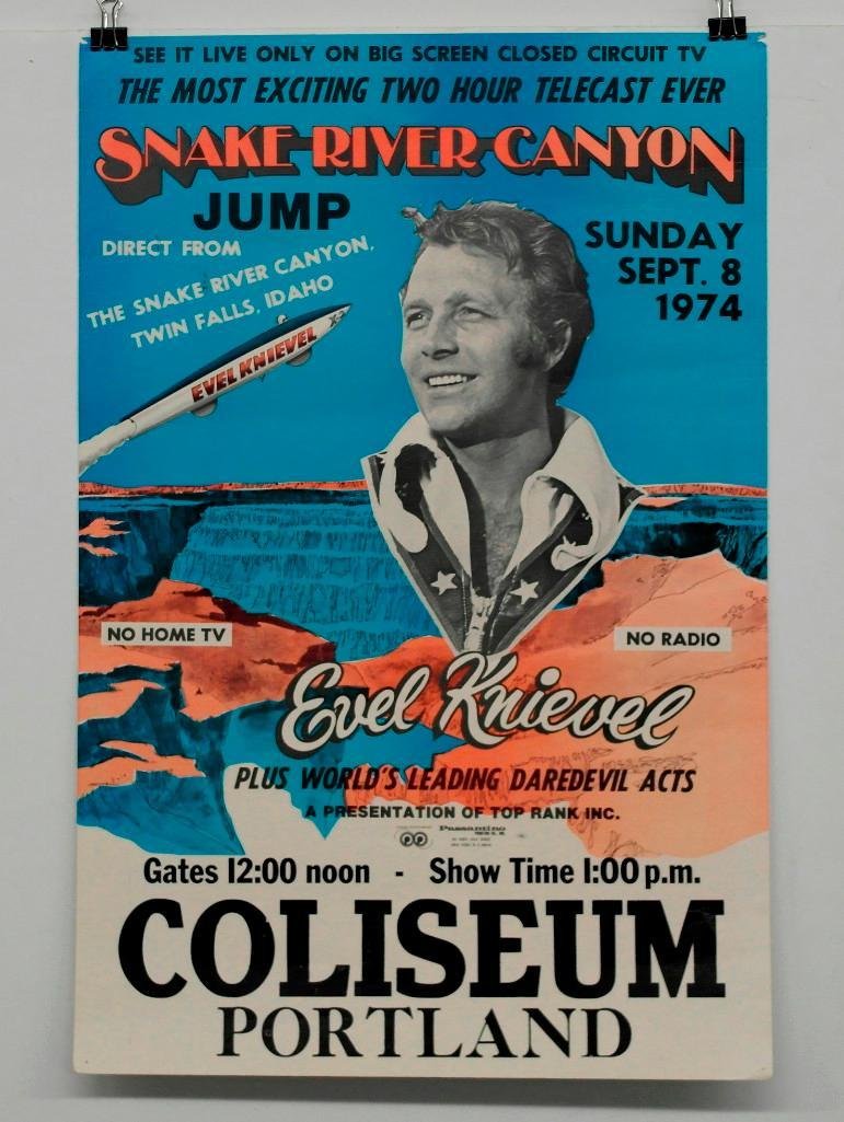 Evel Knievel Snake River Canyon Jump Poster: Offered is a color poster of daredevil Even Knievel's attempt to jump the Snake River Canyon on September 8, 1974. The telecast was shown on a big screen television at the Memorial Coliseum in Portlan