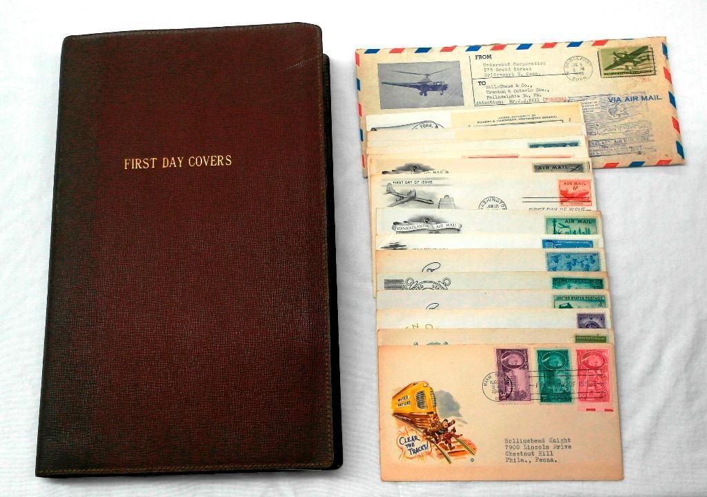 First Day Postage Cover Collection: This lot is an assortment of 115 different first day covers in an original album that holds 100 covers with 15 additional loose covers. The covers are from 1945 through 1959, with most being from the 