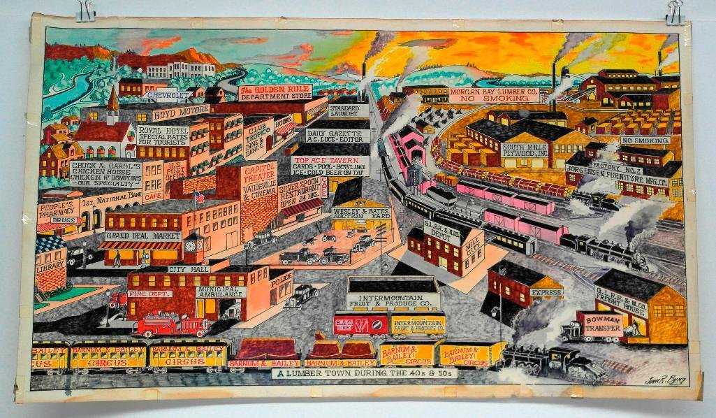 John R. Byng Drawing/Poster: This drawing by John R. Byng titled, "A Lumber Town During the 40s & 50s" features most businesses in a town, including a Chevrolet dealership, church, newspaper, market, library, etc. T