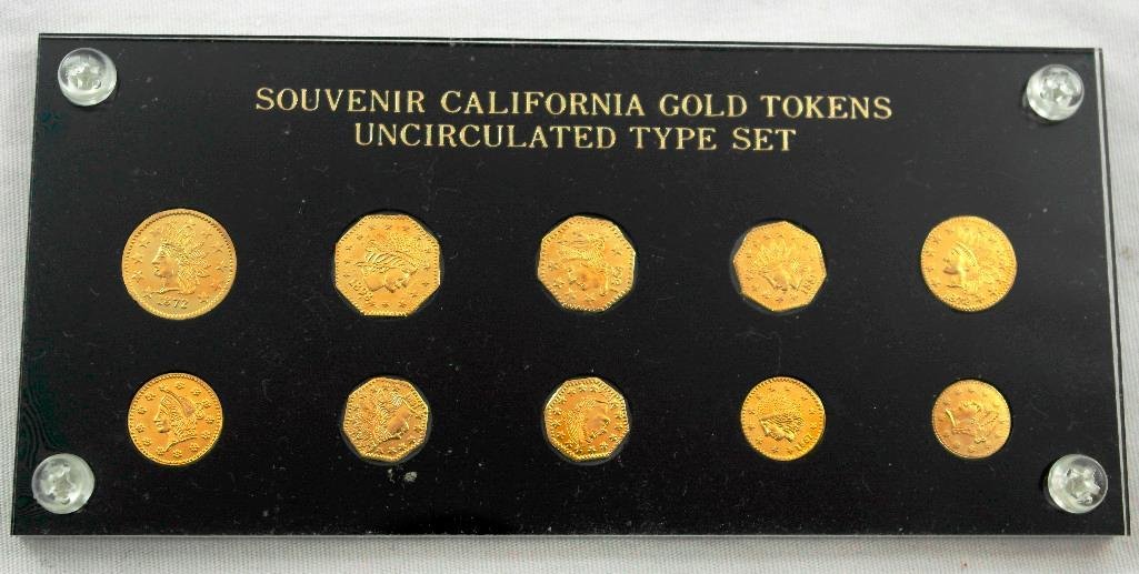 California Gold Souvenir Token Type Set: This lot is for a set of ten different California gold tokens or coins. They are all replicas of some of the different gold tokens and coins used in California from 1850 through 1900. These sets were