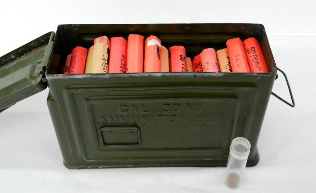 5,000 Wheat Pennies: This lot is for 100 rolls or 5,000 Lincoln Wheat Cent pennies. The consignor has a note in the metal ammo case the coins were stored in that reads "40s & 50s - 5000 - 80% Mints." We
