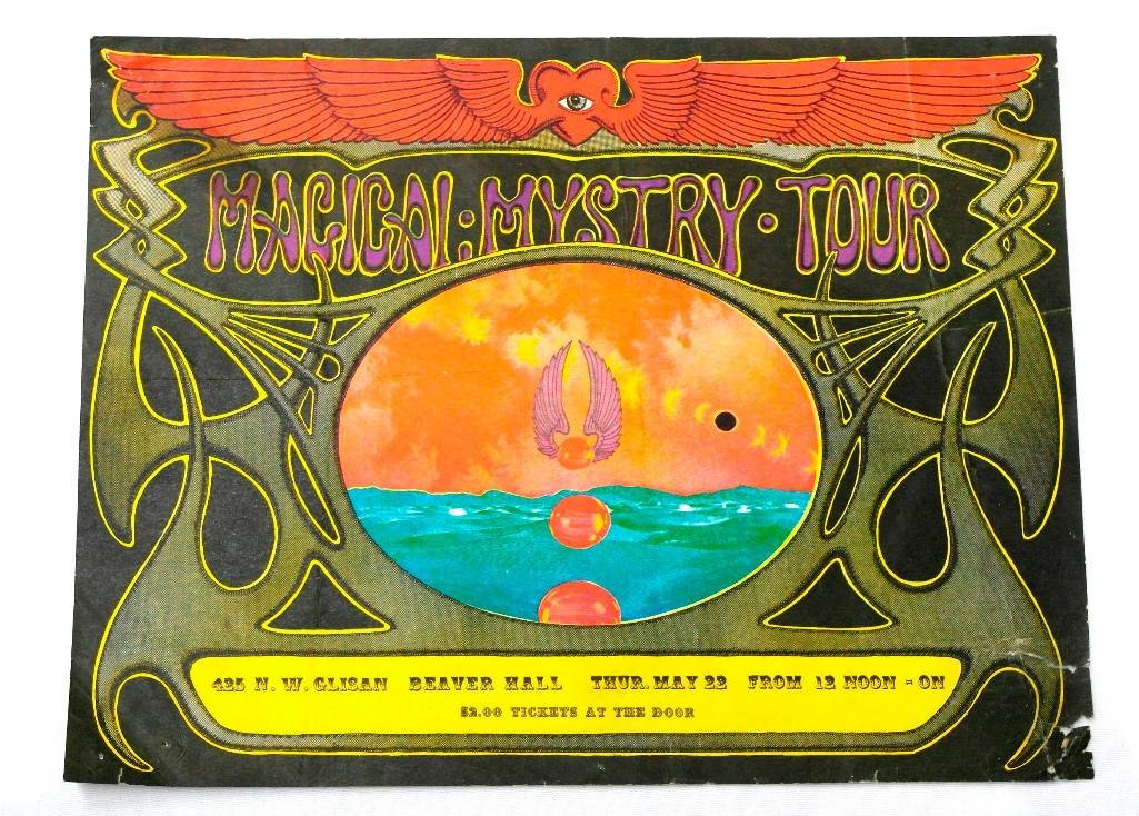 The Beatles Magical Mystry Tour Handbill from Portland: Offered is and original, used handbill for a showing of the Beatles film Magical Mystry Tour. The movie was being shown at Beaver Hall in Portland, Oregon beginning May 22, 1969. The handbill was desi