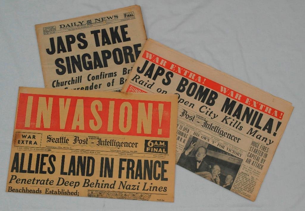 Three World War II Newspapers - Set 1: This lot is for three (3) original newspaper front pages preserved from the World War II era. The newspapers and headlines are: The Seattle Post - Intelligencer, December 27, 1941, "JAPS BOMB MAN