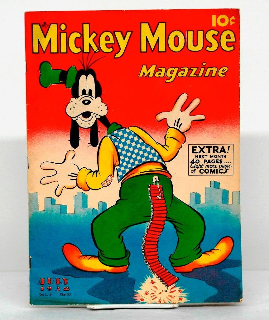 Mickey Mouse Magazine Vol. 3 No. 10 from July 1938: This lot is for the Mickey Mouse Magazine #34. This comic by K.K. Publications is approximately 8-1/4" x 11-1/2" and has 36 pages. This comic has great Disney content throughout, i