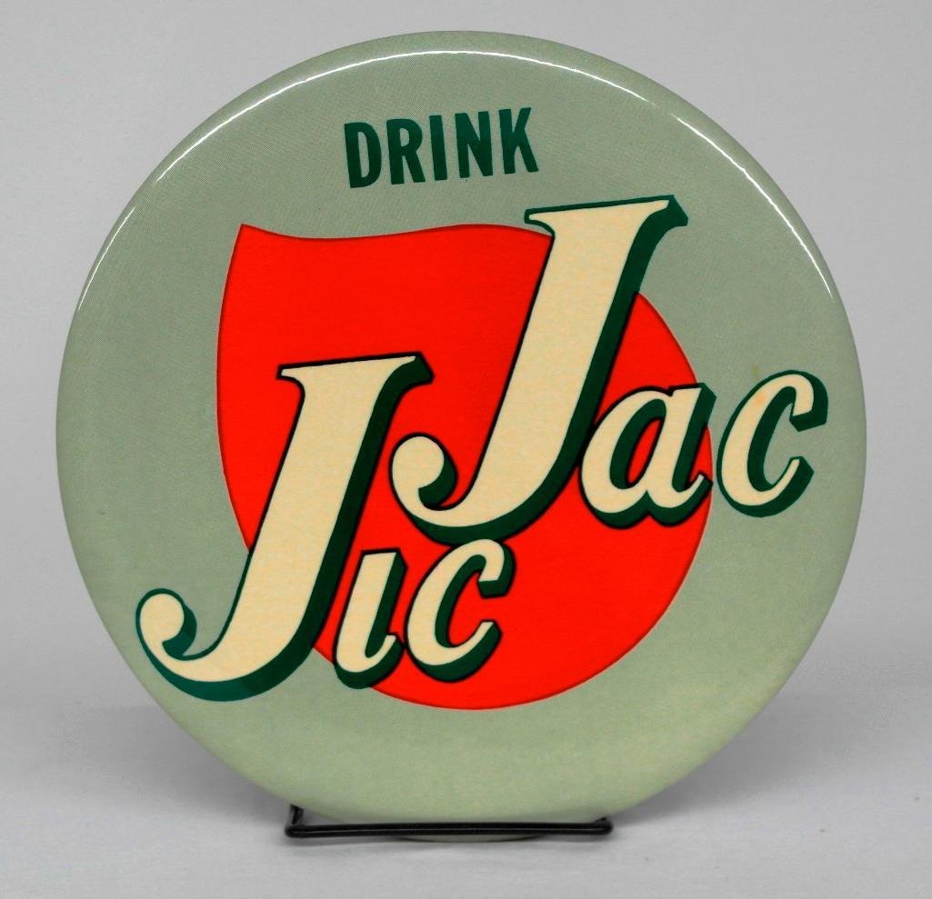 Jic-Jac Soda Celluloid Button Sign: This unused 9" sign was made by the Philadelphia Badge Company in Philadelphia, Pennsylvania, USA for the Jic-Jac Soda Company. There is a small mark on the "C" in Jac, which 