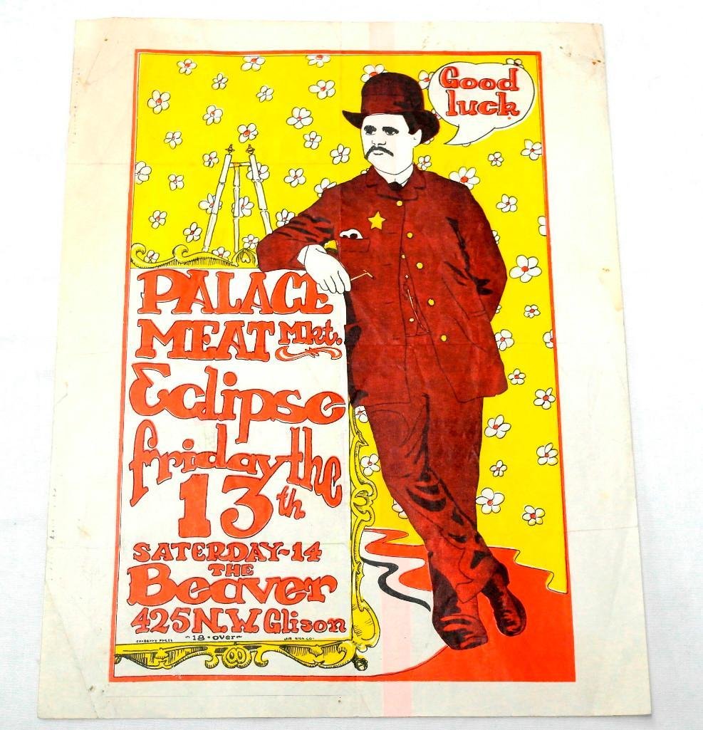 Palace Meat Market Handbill: Offered is this great looking handbill for the Palace Meat Market. This was a two day event held on Friday, June 13 and Saturday, June 14, 1969 at the Beaver Hall in Portland, Oregon. The Palace Meat 