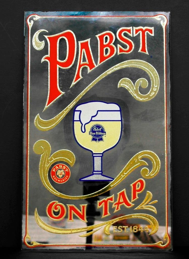 Pabst Blue Ribbon Beer Mirror: This lot is for an old original advertising mirror for Pabst Blue Ribbon Beer. This is the "real deal" being made of glass with a cardboard back and an unused pull-out tab to hang
