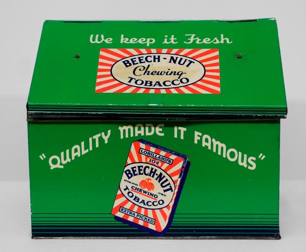 Beech-Nut Chewing Tobacco Store Counter Bin: This Beech-Nut chewing tobacco bin held the smaller 10 cent packages of tobacco; the customer would lift the lid and remove a package. This piece measures approximately 9-3/4" wide x 8-
