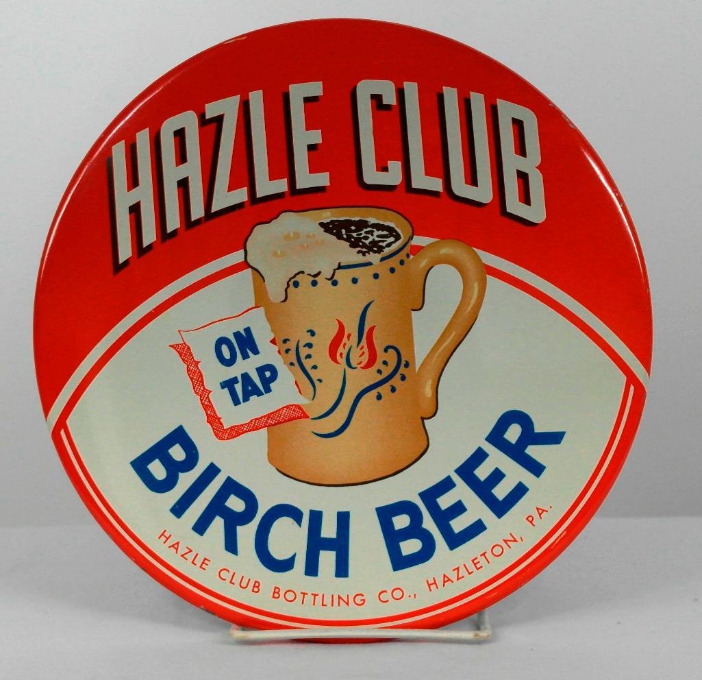 Hazle Club BIrch Beer Tin-Over-Cardboard Button Sign: This is a very colorful tin-over-cardboard sign for Hazle Club Birch Beer made by the Hazle Club Bottling Company of Hazelton, Pennsylvania. The sign is approximately 9" in diamete