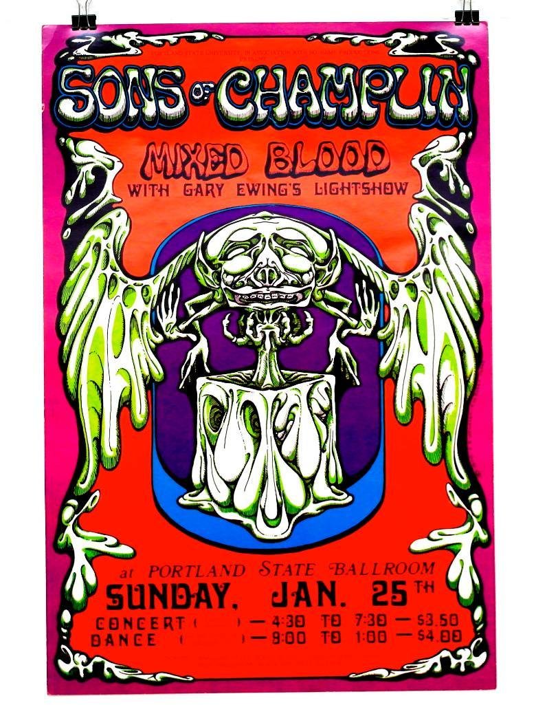 Sons of Champlin Concert Poster: Offered is an original poster for The Sons of Champlin concert and dance at the Portland State Ballroom in Portland, Oregon. The event was held on Sunday, January 25, 1970. The poster was designed by 