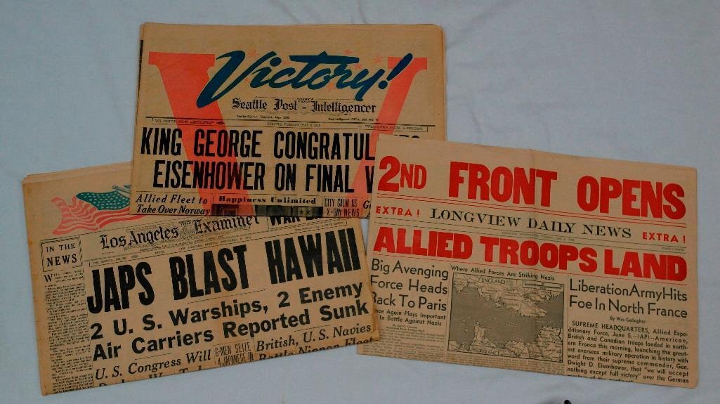 Three World War II Newspapers - Set 2: This lot is for three (3 ) original newspaper 'front' pages preserved from the World War II era. The newspapers and headlines are: The Los Angeles Examiner, December 8, 1941, "JAPS BLAST HAWAII&q