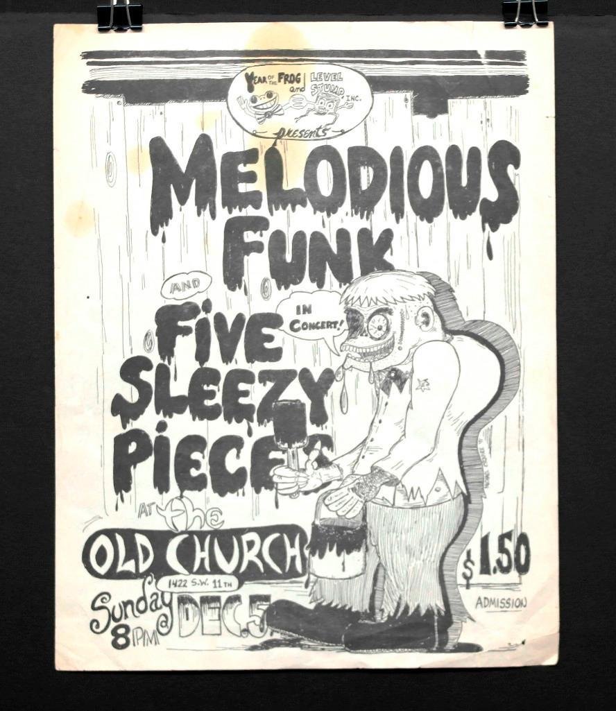 Melodious Funk and Five Sleezy Pieces Handbill: This handbill is for an event at the historic Old Church., which is a concert hall and events venue in downtown Portland's West End and has been a Portland landmark since its completion in 1883 a