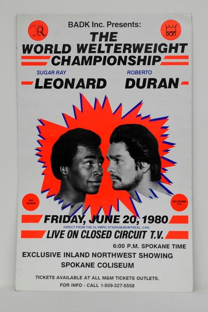 Leonard vs. Duran Boxing Poster from June 20, 1980: This is an original poster for the first Sugar Ray Leonard and Roberto Duran fight. The event was held at the Olympic Stadium in Montreal, Canada on June 20, 1980. This fight was long before the 