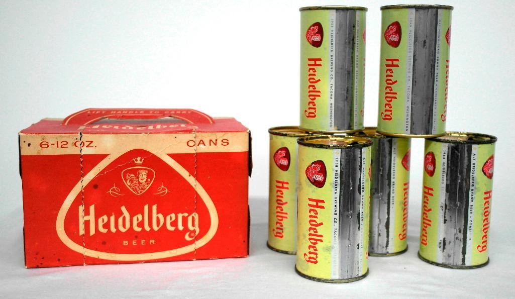 1958 Heidelberg Beer 6-Pack of Cans: This lot is for an old barn find that is a complete cardboard six-pack with its original six flat top beer cans. All six are 12-ounce cans from the Heidelberg Brewing Company in, Tacoma, Washingt