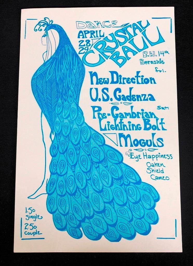 U.S. Cadenza 1967 Crystal Ballroom Handbill: Offered is a handbill for an event held at the Crystal Ball (room) in Portland, Oregon April 28-29, 1967. U.S. Cadenza and New Direction played on Friday, April 28th and Pre-Cambrian, Lightn