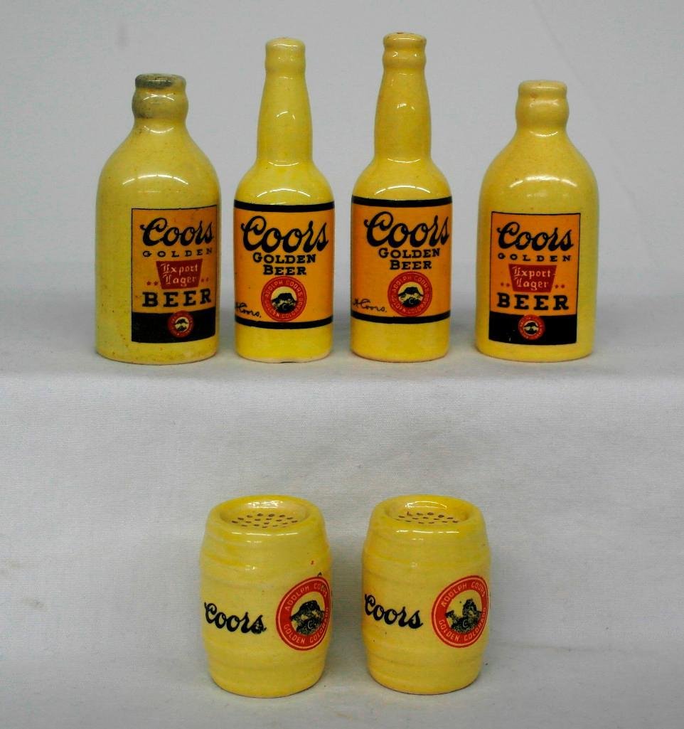 Three (3) Pairs of Coors Ceramic Salt and Pepper: This lot is for three (3) pairs of Coors Golden Beer yellow ceramic salt and pepper shakers: one pair each of the longneck, jug, and keg styles. There is some overall wear, and only one jug has t