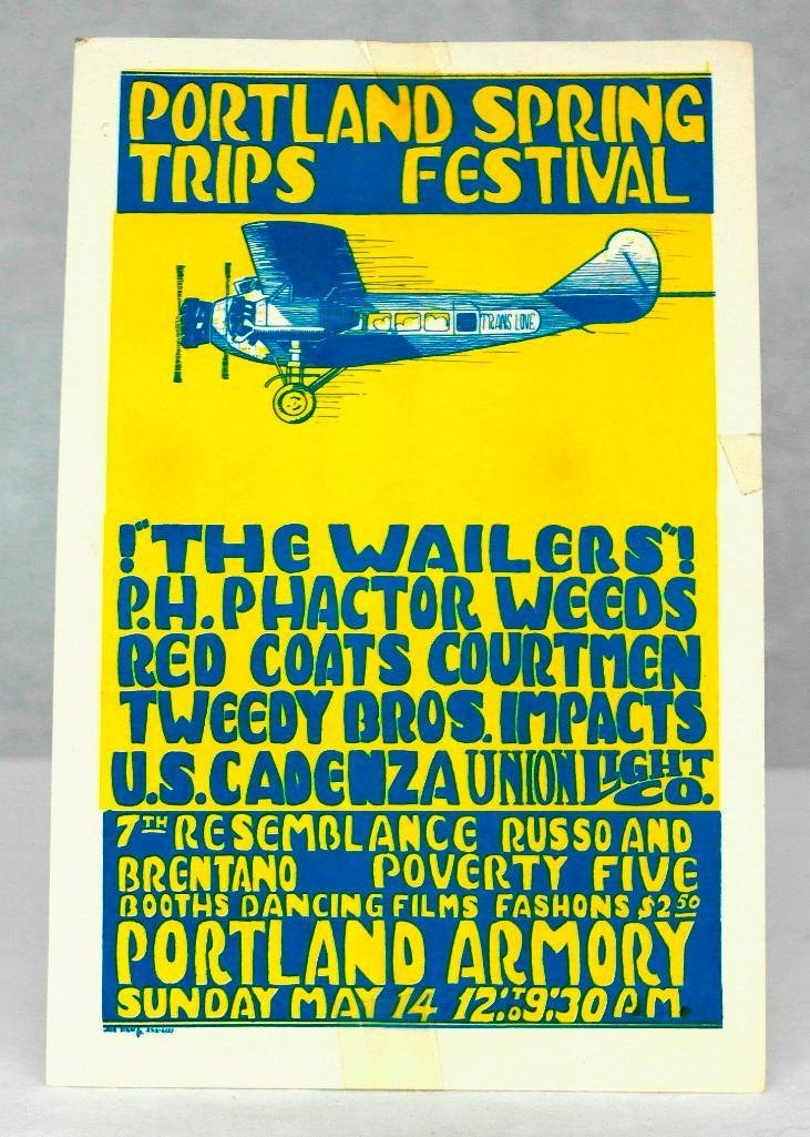 Portland Spring Trips Festival from 1967: Offered is a Portland, Oregon handbill for The Portland Spring Trips Festival. The festival was held downtown at the old original Portland Armory behind the Blitz Brewery on Sunday May 14, 1967. This 