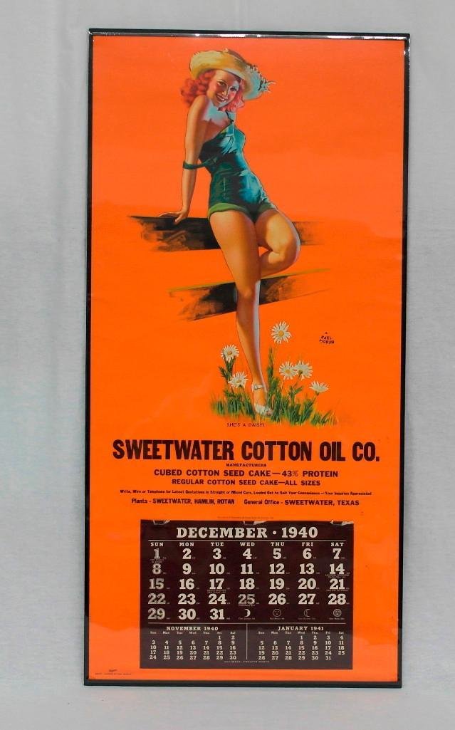 1940 Earl Moran Pin-Up Calendar: Although this calendar is missing the monthly sheets, it still has the metal bands (both top and bottom), which is always a plus. The picture on this 16" wide x 34" tall calendar is titled "She's A Da