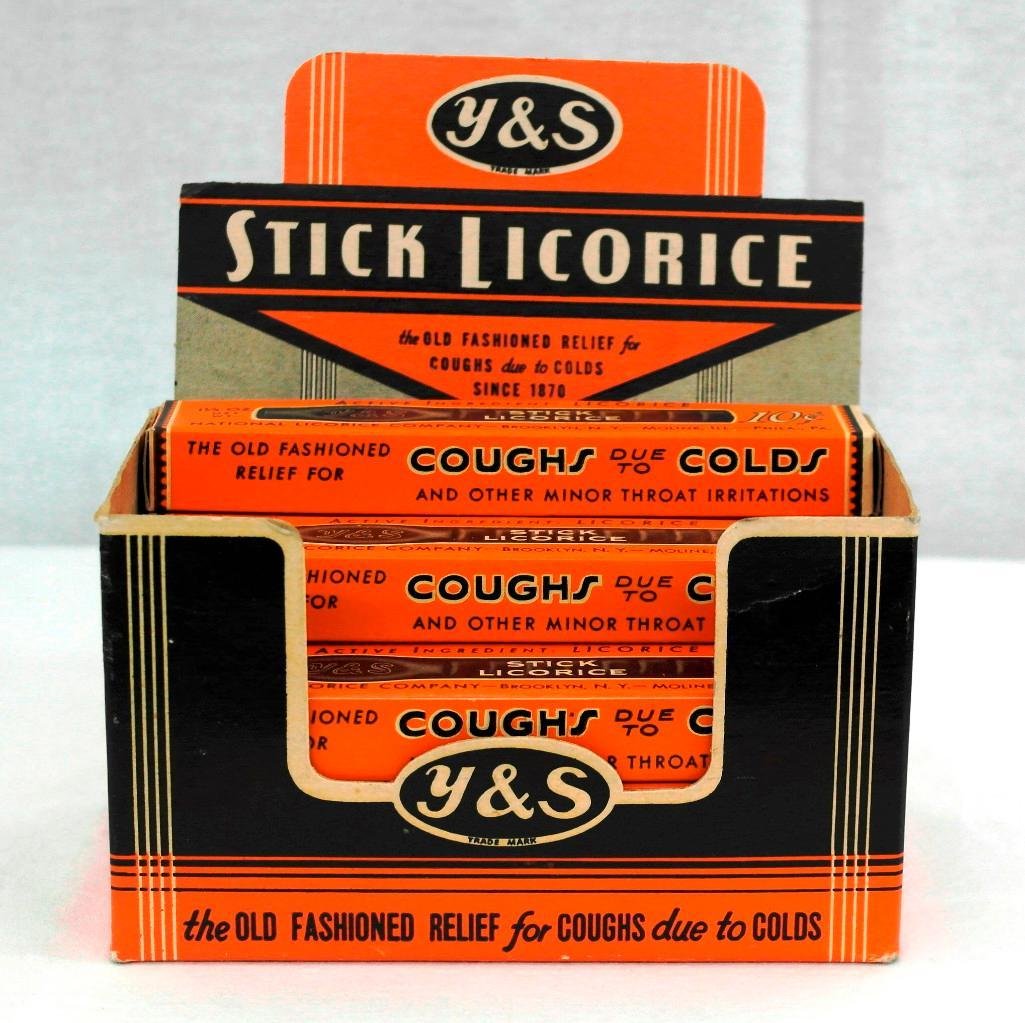 Y & S Stick Licorice Candy Display Box with Contents: Y & S Stick Licorice was made by the National Licorice Company of Brooklyn, New York as well as other cities. It was advertised as the old fashioned relief for coughs due to colds. The box has twelve 